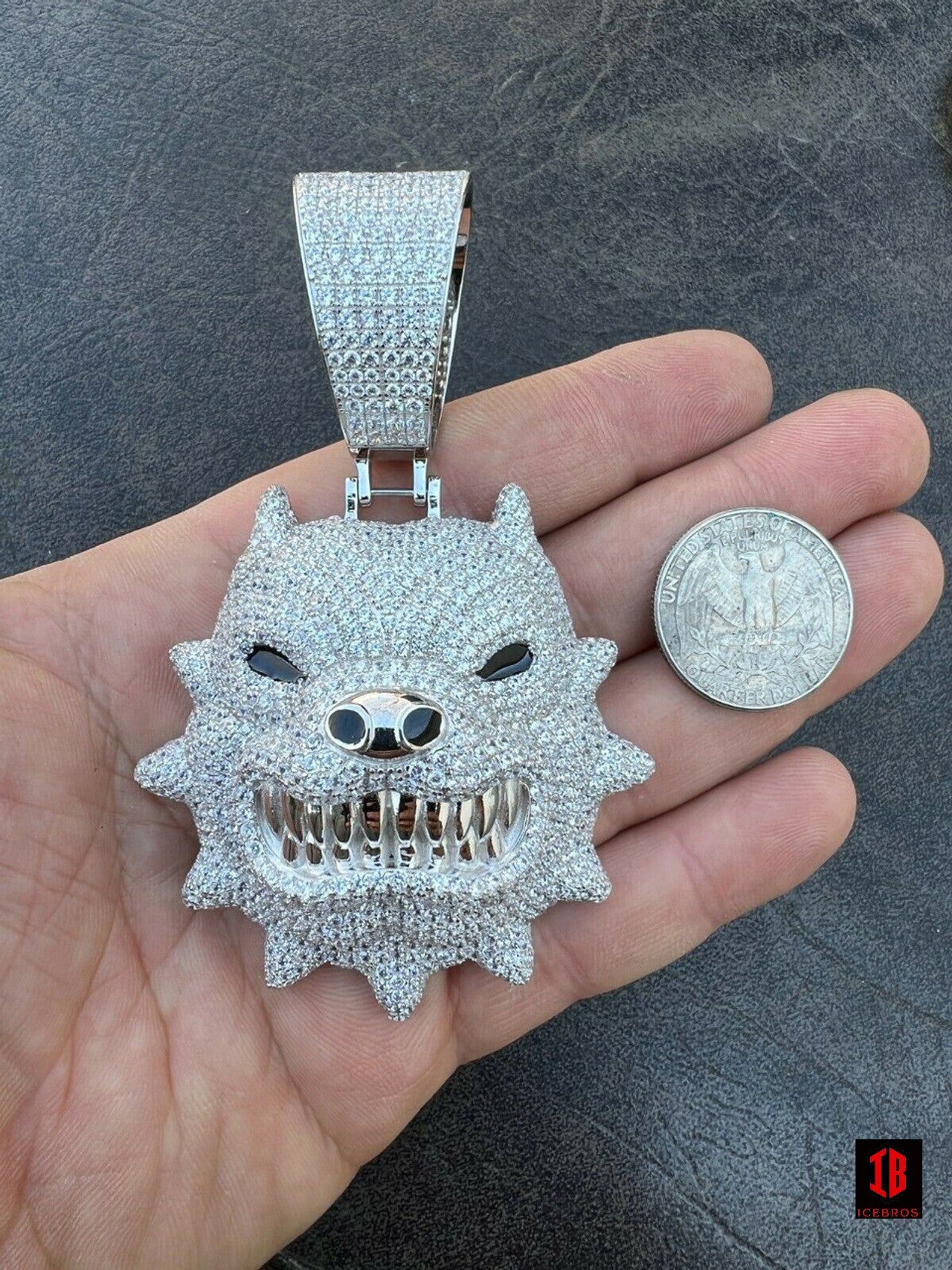 Large XL Iced Hip Hop 925 Silver Angry Teeth Pitbull Dog Animal Pendant Necklace Mens
