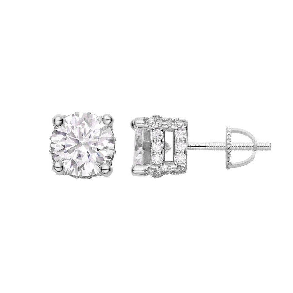Moissanite 3D Round Cut Iced Prong Solitaire Stud Gold Earrings 3- Sizes
