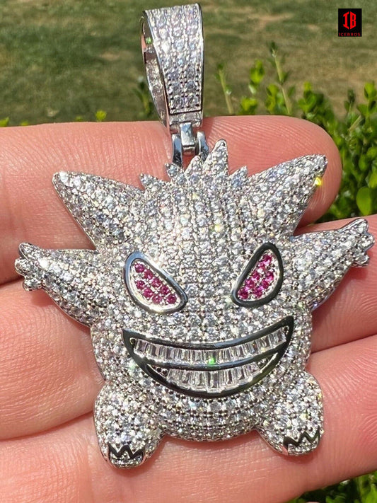 ICE CZ Hip Hop 925 Sterling Silver Gengar Pokemon Pendant Necklace Mens