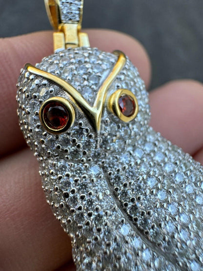 Owl Iced Moissanite Diamond Pendant 14k Gold and White Gold
