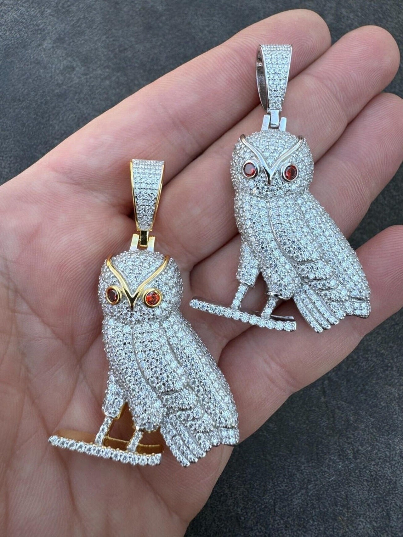 Owl Iced Moissanite Diamond Pendant 14k Gold and White Gold