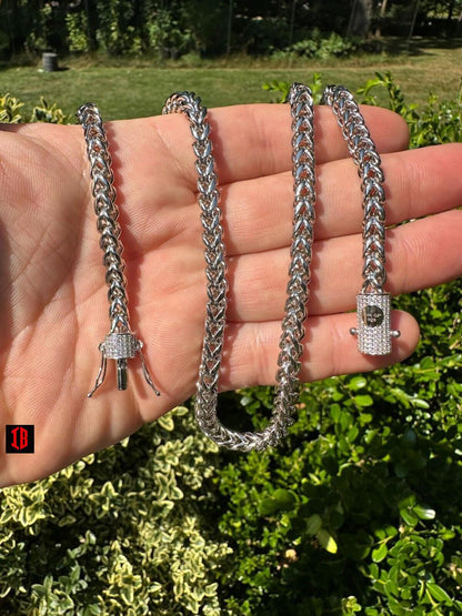 WHITE GOLD Iced MOISSANITE Clasp Stainless Steel & 925 Silver Franco Chain Necklace 4-6mm