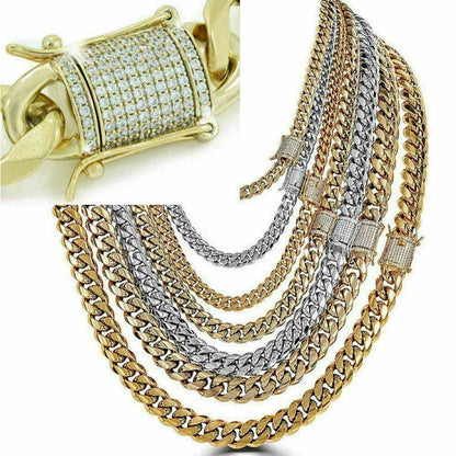 (12MM) 14K-18K Gold Plated Stainless Steel Cuban Link Chain CZ Diamond Lock 8-14MM