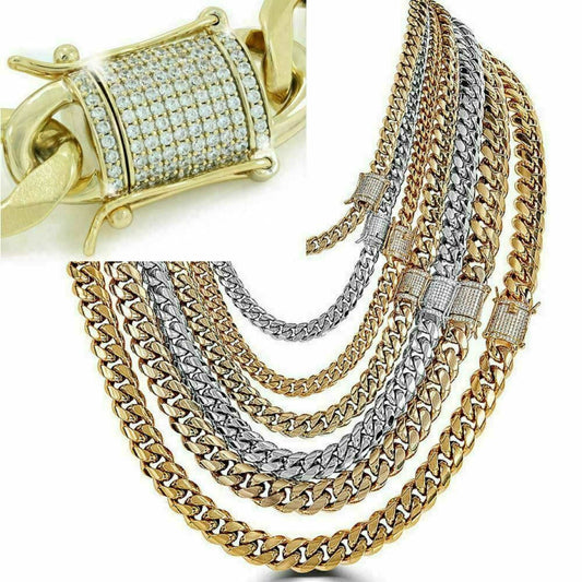 (8MM) 14K-18K Gold Plated Stainless Steel Cuban Link Chain CZ Diamond Lock 8-14MM