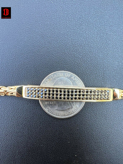 Men Byzantine Presidential ID Bracelet Real RHODIUM OVER 925 Silver Ice Black CZ Diamond HipHop