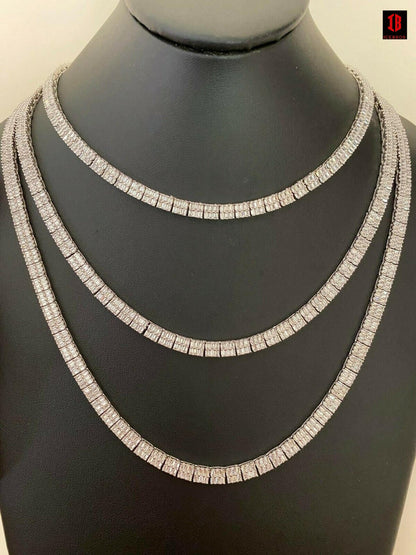 SOLID 925 Sterling Silver Baguette Tennis Chain ICED Diamond Necklace 5mm HipHop