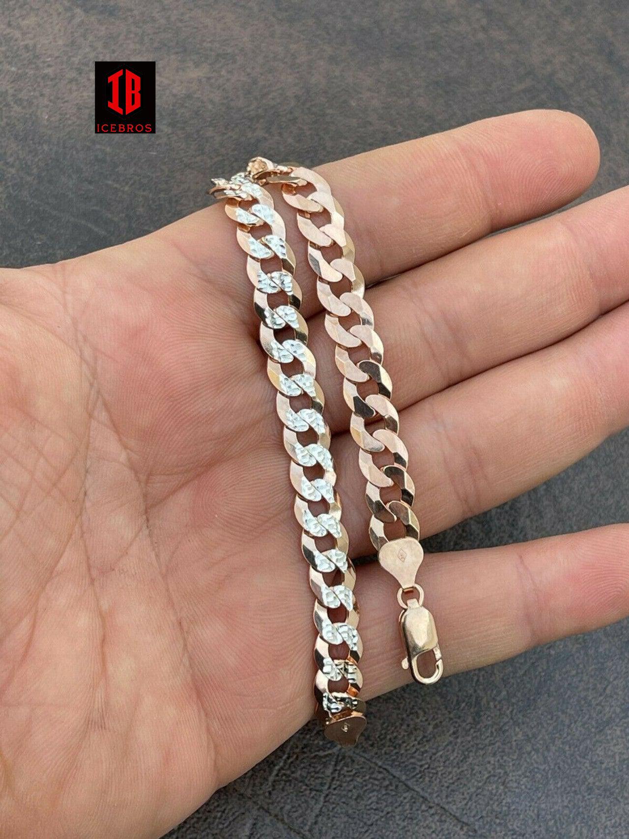 14k Rose Gold Vermeil Diamond Cut 925 Sterling Silver Flat Cuban Bracelet (3-11mm)