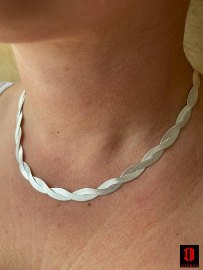 7mm Thick Solid 925 Silver Twisted Braided Herringbone Chain Necklace 16" - 20" (WHITE GOLD)