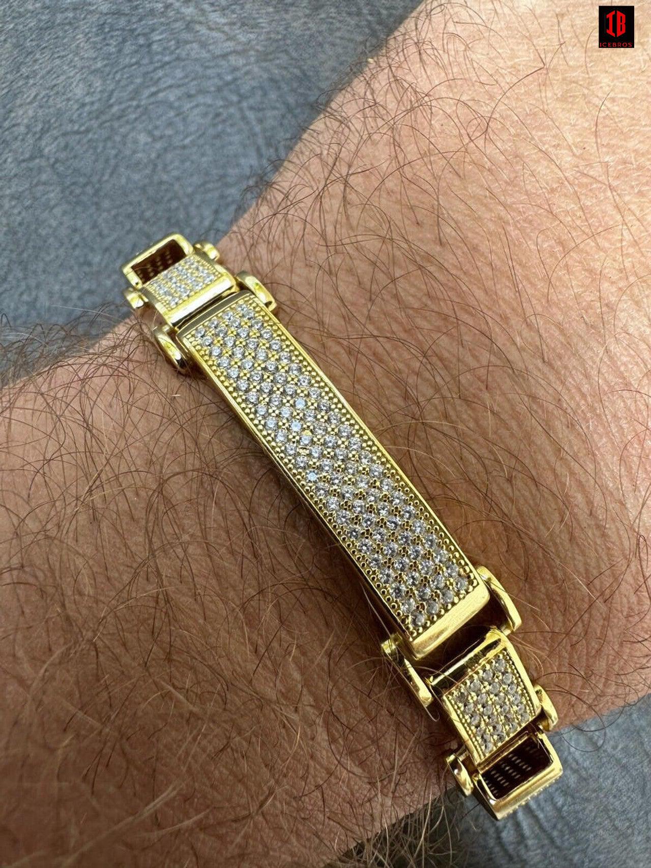 Mens Custom Made Cuff Bracelet Solid 14k Gold Plated 925 Silver 12mm Thick CZ