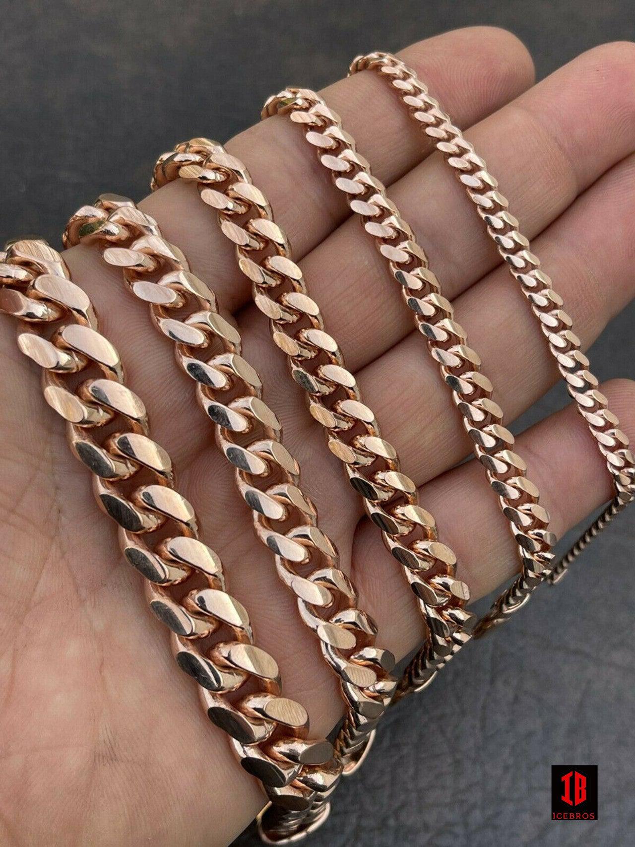 ROSE GOLD (LOBSTER CLASP) Mens Real Solid 925 Sterling Silver Miami Cuban Bracelet 5-12mm 7-9" Heavy Link