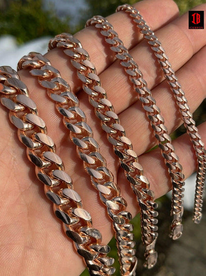 ROSE GOLD (LOBSTER CLASP) Mens Real Solid 925 Sterling Silver Miami Cuban Bracelet 5-12mm 7-9" Heavy Link