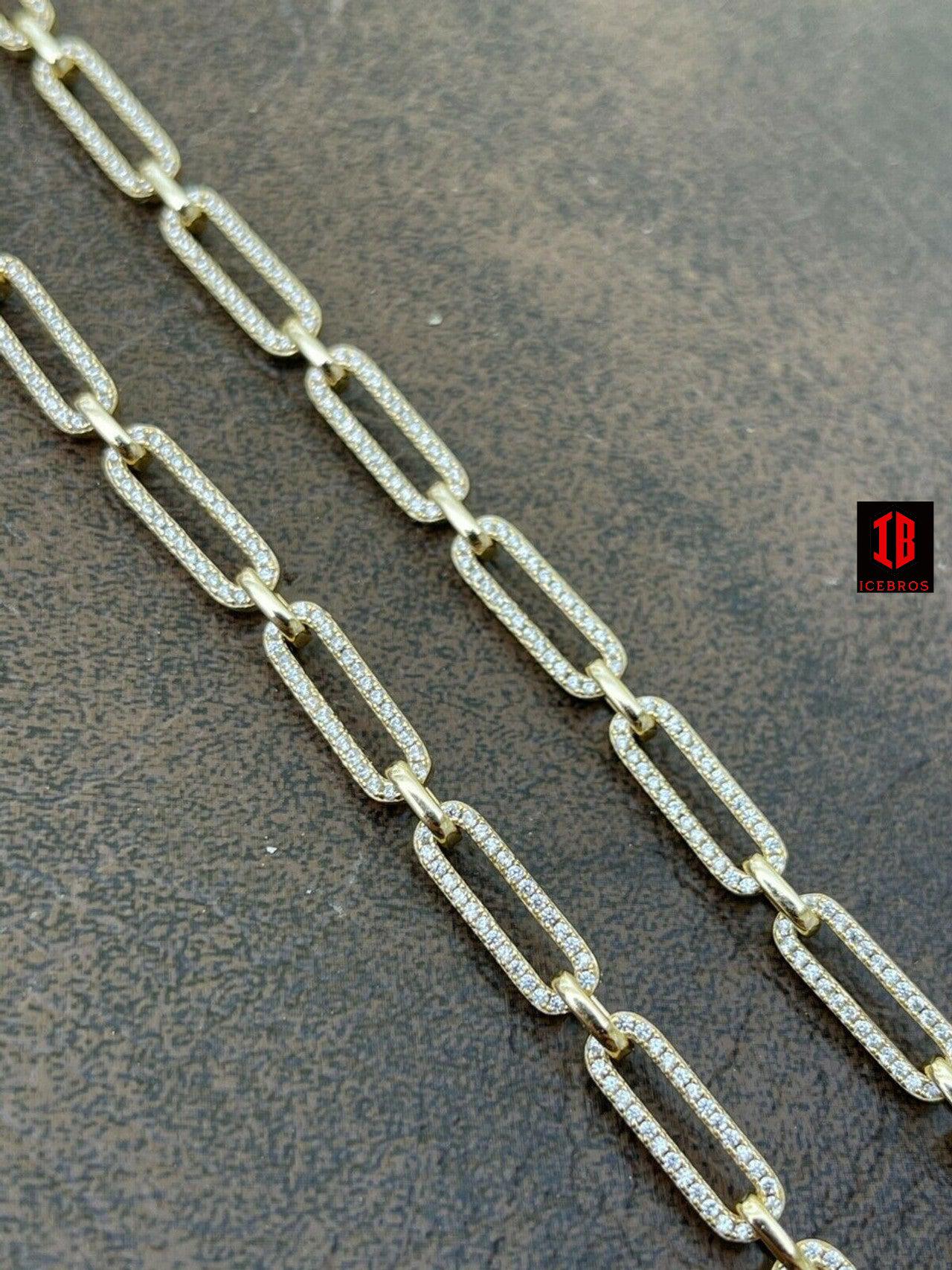 Ladies Solid 925 Sterling Silver Paperclip Chain Iced CZ 14" 16" 18" 20" 22" 24" (YELLOW GOLD)