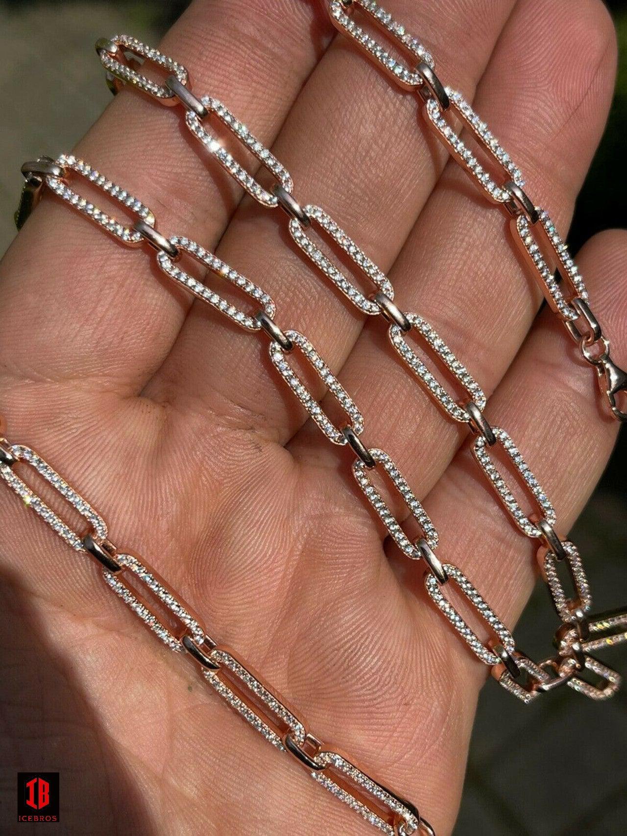 Ladies Solid 925 Sterling Silver Paperclip Chain Iced CZ 14inch 16inch 18inch 20inch 22inch 24inch (ROSEBGOLD)