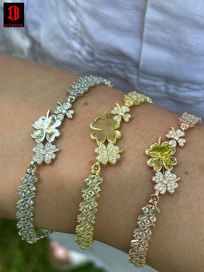 Ladies Real 925 Silver / Yellow Rose Four Leaf Clover Baguette Diamond Bracelet