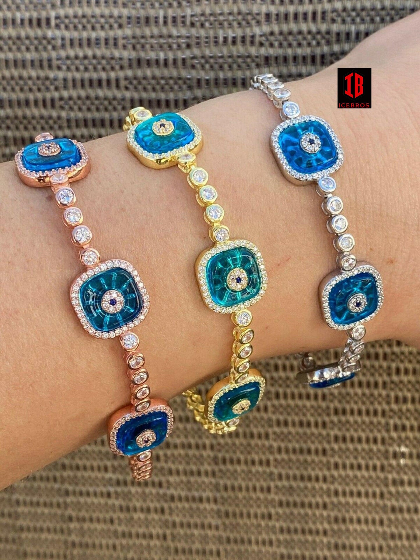 Ladies Solid 925 Silver Evil Eye Murano Glass Tennis Bracelet Yellow Rose Gold