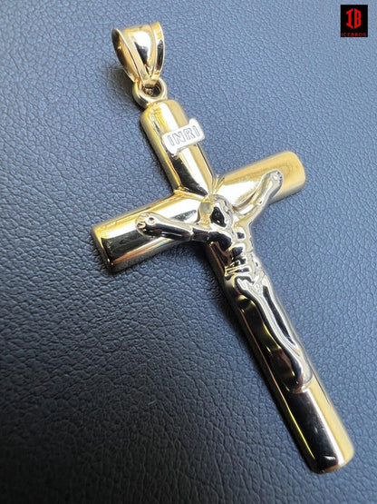 Large 1.85inch Solid 14k Yellow & White Gold Cross Jesus Crucifix Pendant Necklace