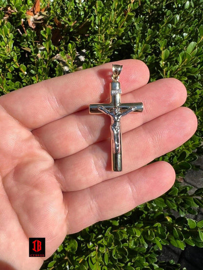 Large 1.85" Solid 14k Yellow & White Gold Cross Jesus Crucifix Pendant Necklace