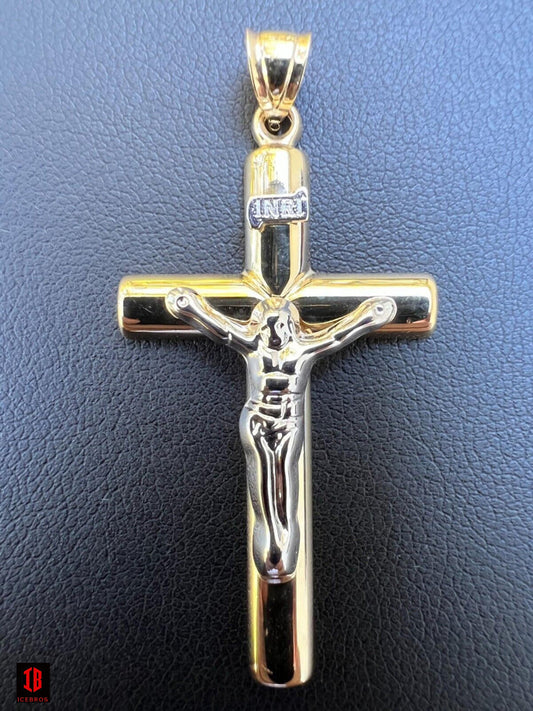 Large 1.85inch Solid 14k Yellow & White Gold Cross Jesus Crucifix Pendant Necklace