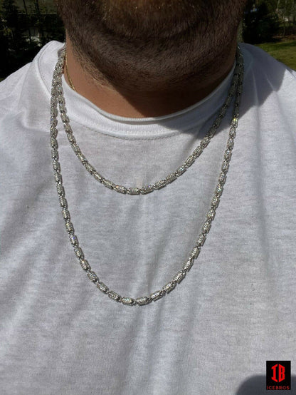 Mens Barrel Chain 14k Gold & Solid 925 Silver Iced Flooded Out Hip Hop Necklace (White Gold Plated)