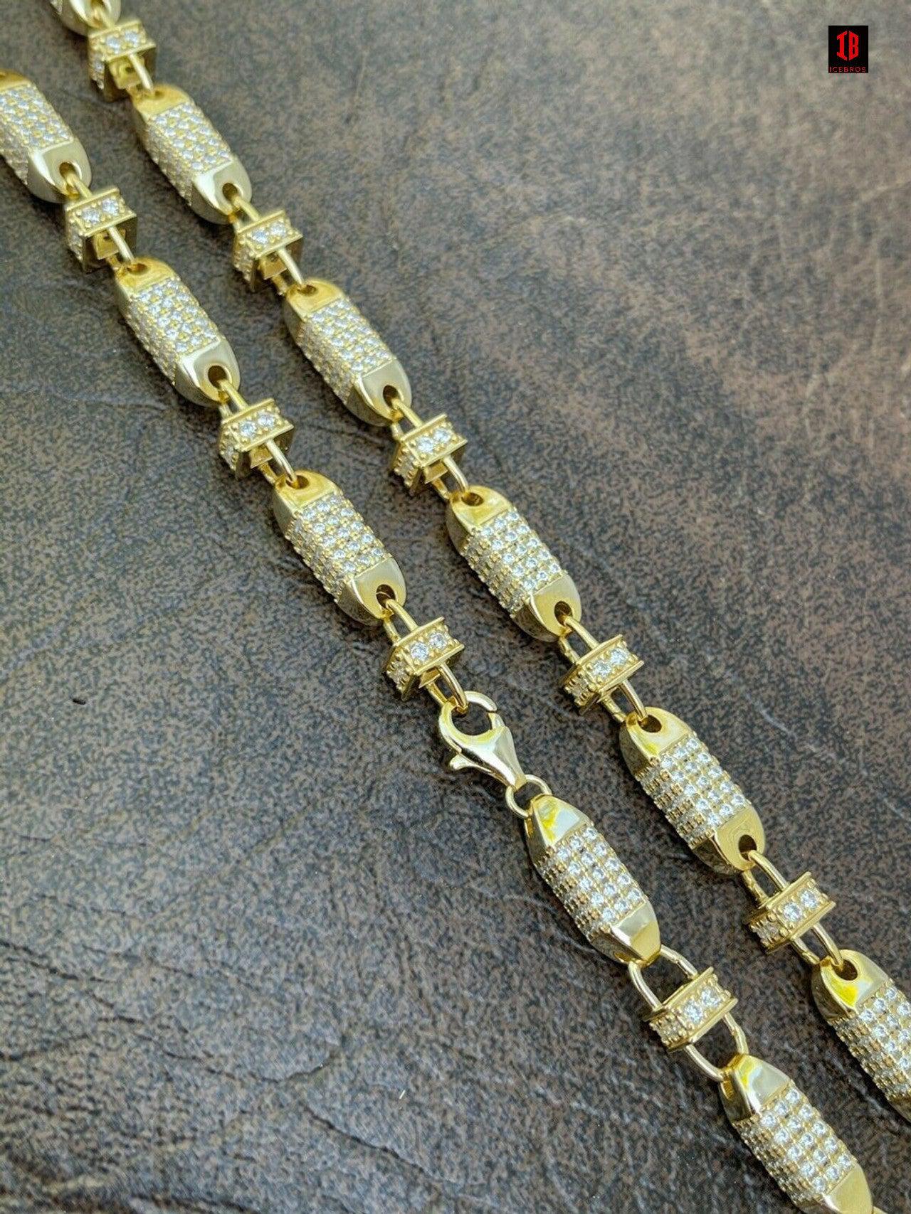 Men Bullet Chain 14k Gold Over Real 925 Silver Iced Flooded Out Hip Hop Necklace (YELLOW GOLD)