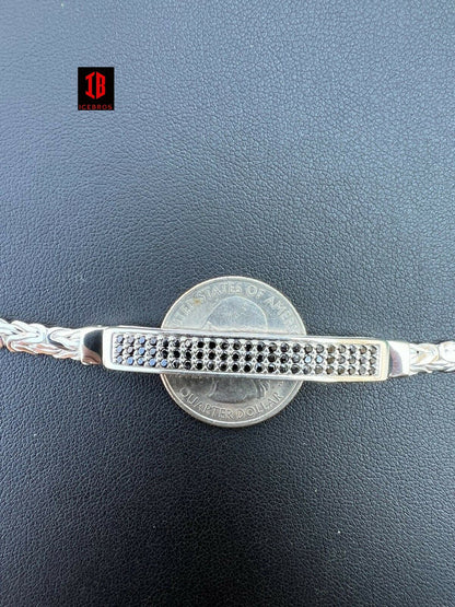 Men Byzantine Presidential ID Bracelet Real RHODIUM OVER 925 Silver Ice Black CZ Diamond HipHop