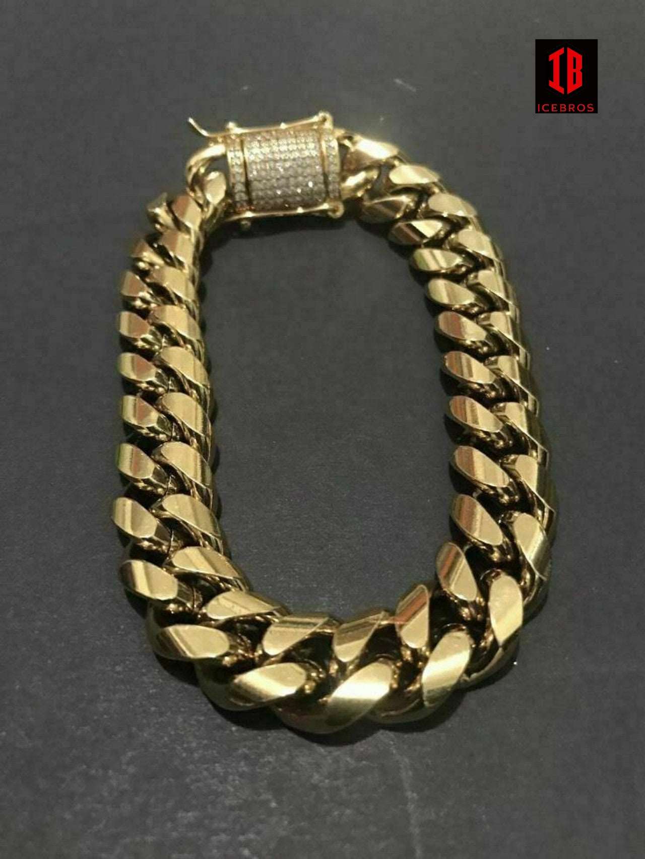 (10MM) Miami Cuban Link Bracelet 1ct Diamond Clasp 14k 18k Gold Plated Stainless Steel