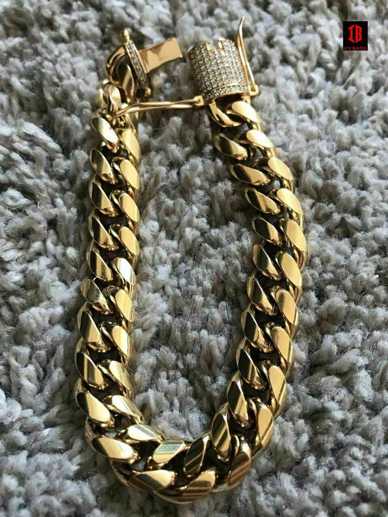 (10MM) Miami Cuban Link Bracelet 1ct Diamond Clasp 14k 18k Gold Plated Stainless Steel