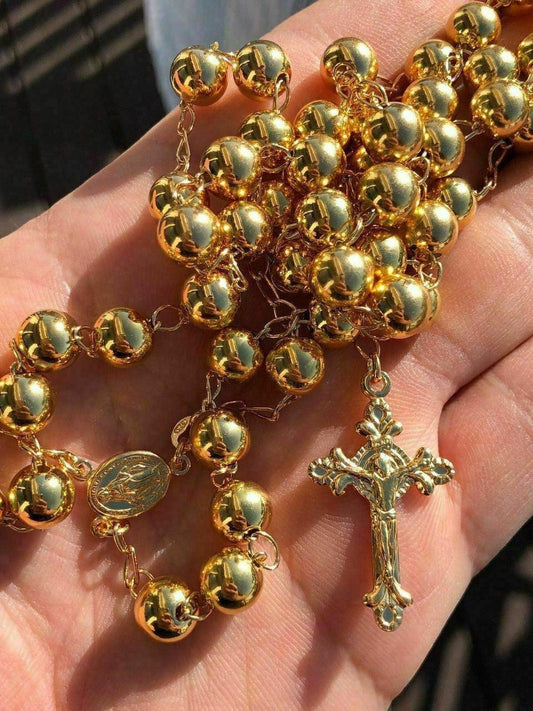 Men's Large Rosary Beads Necklace 30inch 14k Gold Vermeil Solid 925 Silver Rosario ITALY