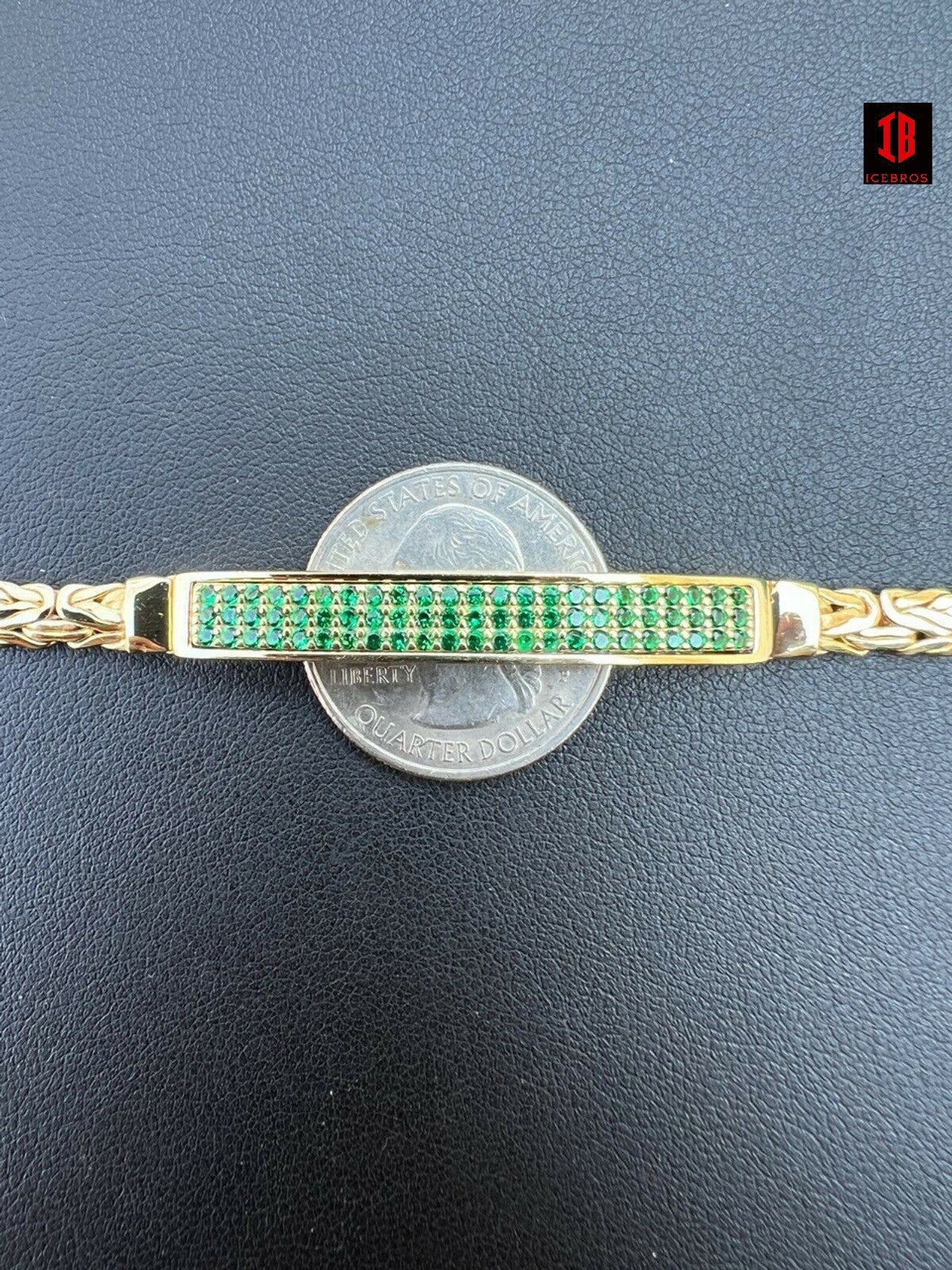 Men Byzantine Presidential ID Bracelet Real 925 Silver Iced Green Eemerald Stone