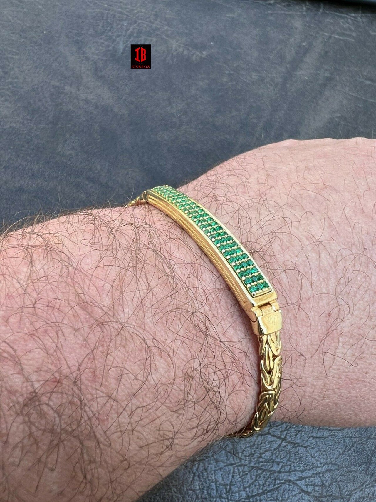 YELLOW GOLD Men Byzantine Presidential ID Bracelet Real 925 Silver Iced Green Eemerald Stone