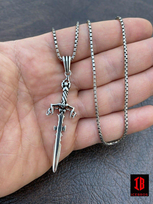 Men' Fine 925 Sterling Silver Viking Sword Pendant Necklace Chain Knife Medieval