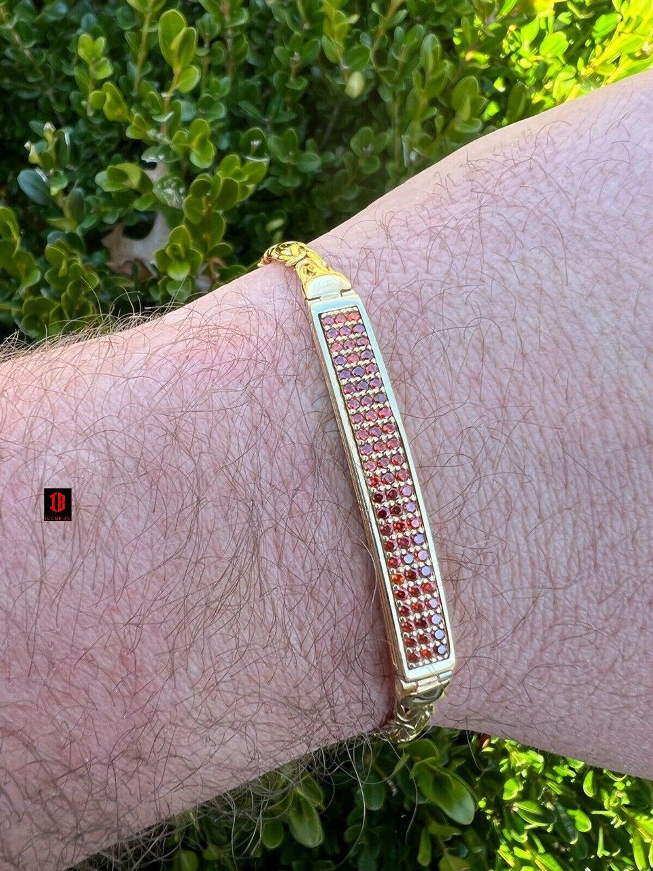 Men Real Presidential ID Bracelet WHITE Gold Vermeil Silver Iced Red Ruby Hip Hop