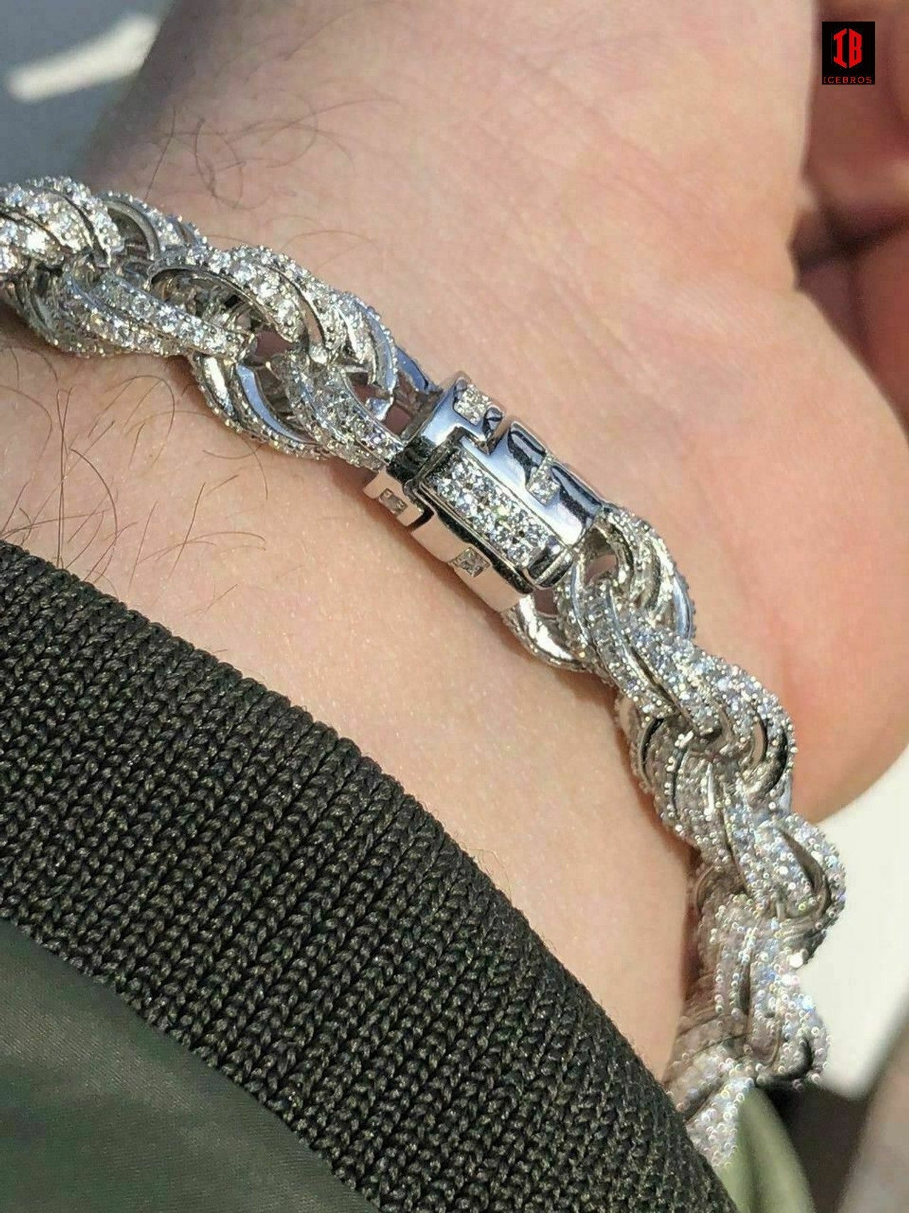 Men's 10mm Rope Bracelet WHITE GOLD  Real Solid 925 Sterling Silver 20ct Diamond