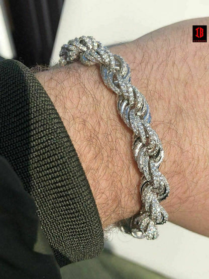 Men's 10mm Rope Bracelet WHITE GOLD  Real Solid 925 Sterling Silver 20ct Diamond