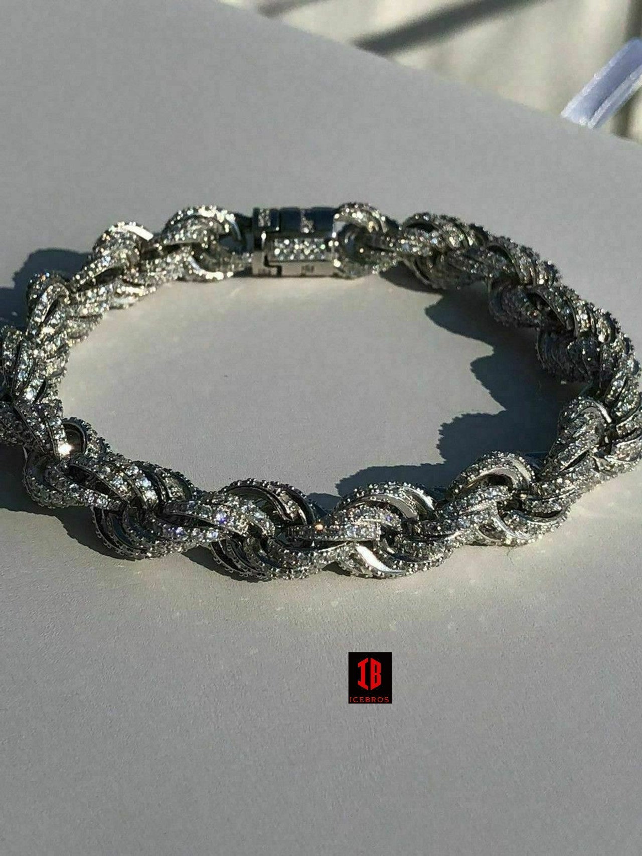 Men's 10mm Rope Bracelet WHITE GOLD  Real Solid 925 Sterling Silver 20ct Diamond