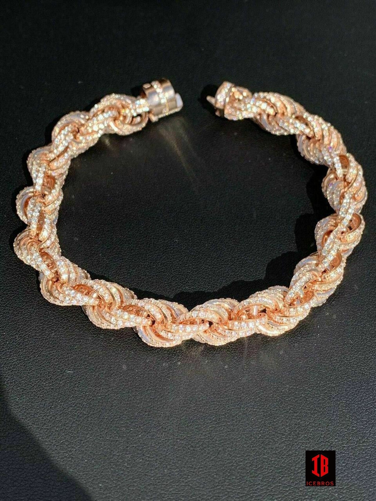 Men's 10mm Rope Bracelet WHITE GOLD  Real Solid 925 Sterling Silver 20ct Diamond