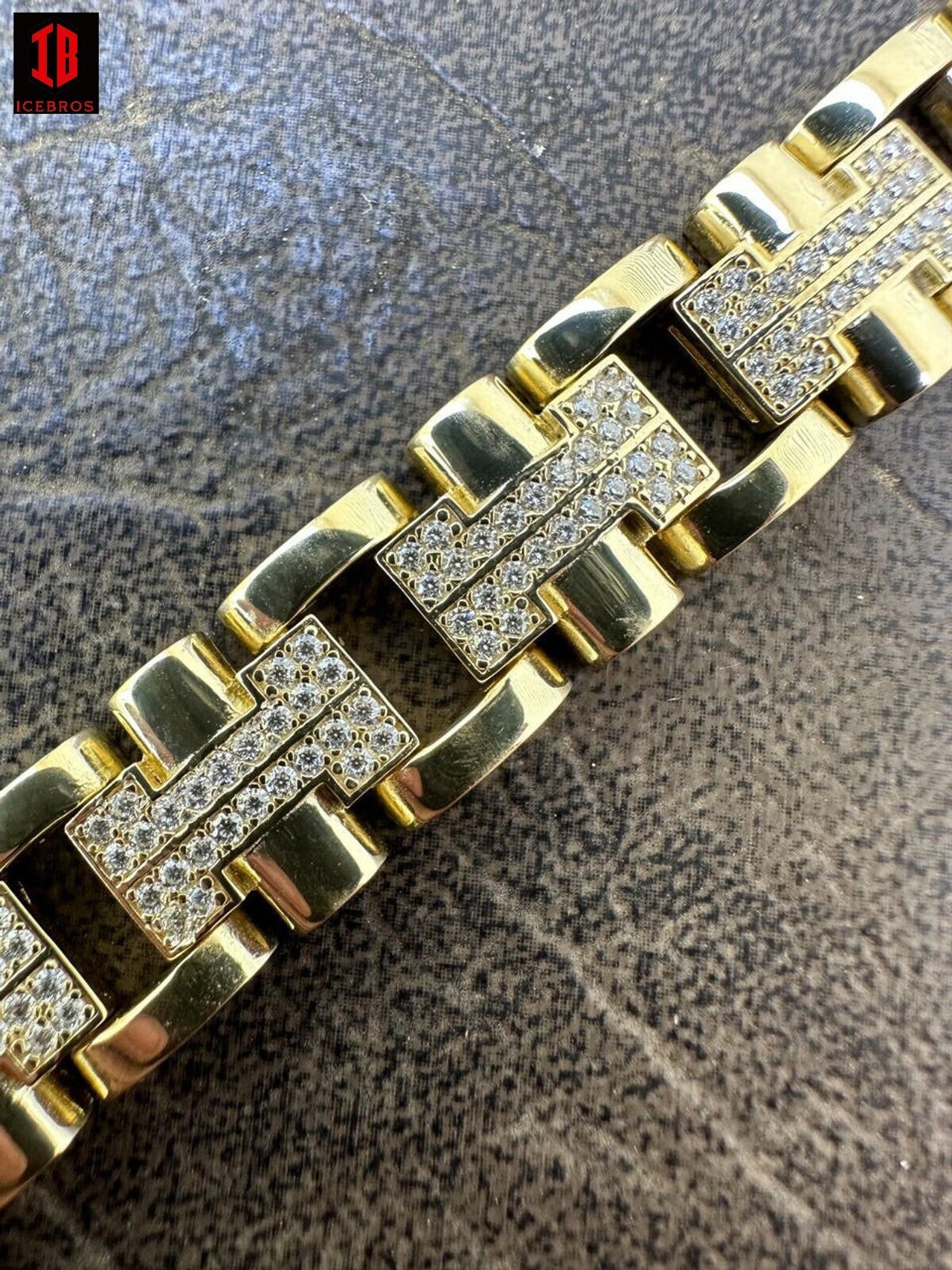 Men's 12mm H Link Bracelet Real Solid 14k Gold Over 925 Sterling Silver