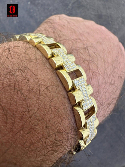 Men's 12mm H Link Bracelet Real Solid 14k Gold Over 925 Sterling Silver