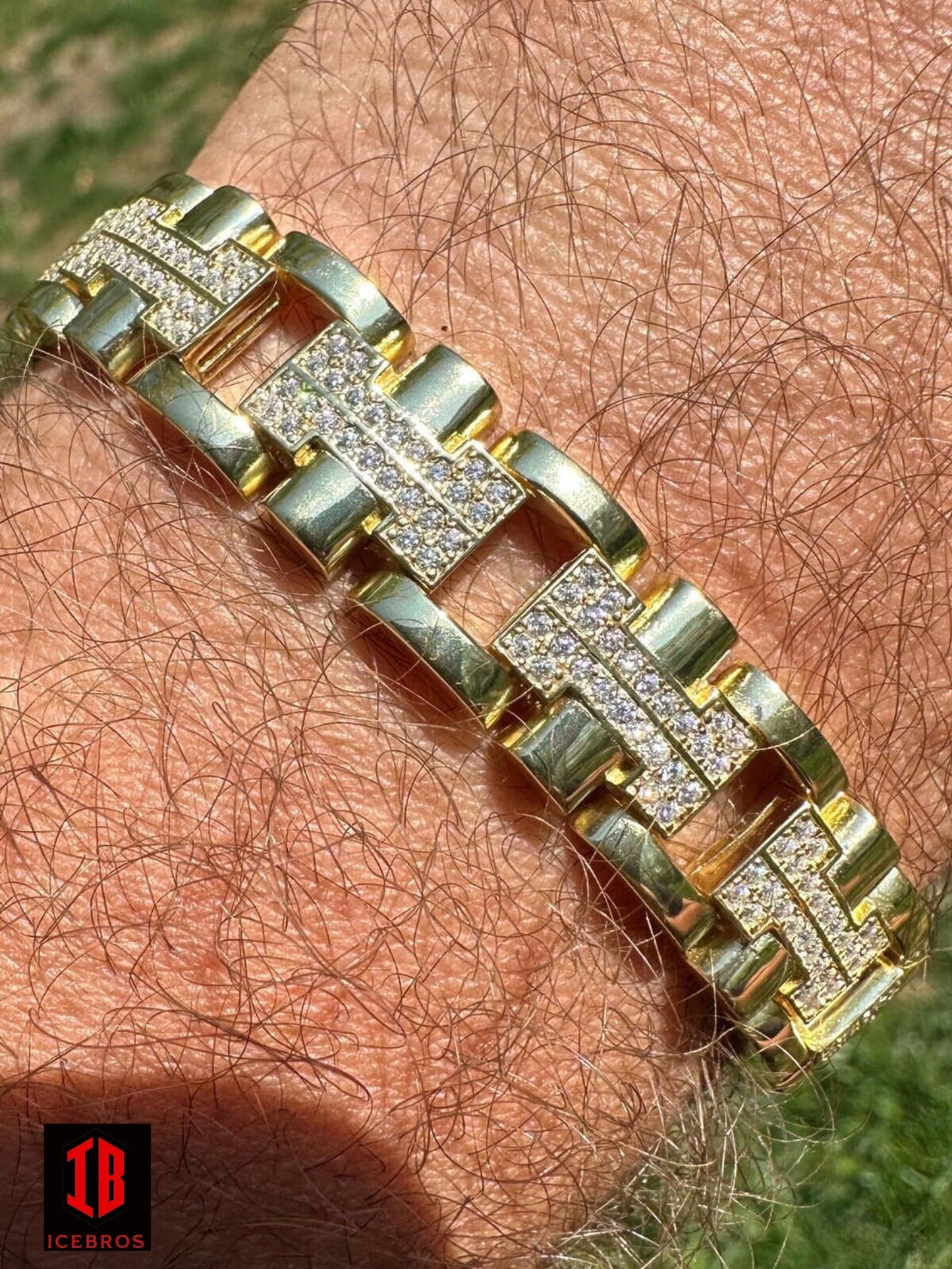 Copy of MOISSANITE Men's 12mm H Link Bracelet Real Solid 14k Gold Over 925 Sterling Silver