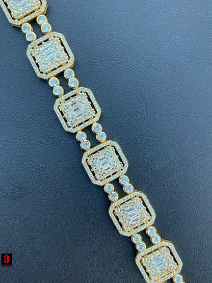 Mens RHODIUM Gold & Real Solid 925 Silver Baguette Tennis Bracelet Iced Diamond 16mm