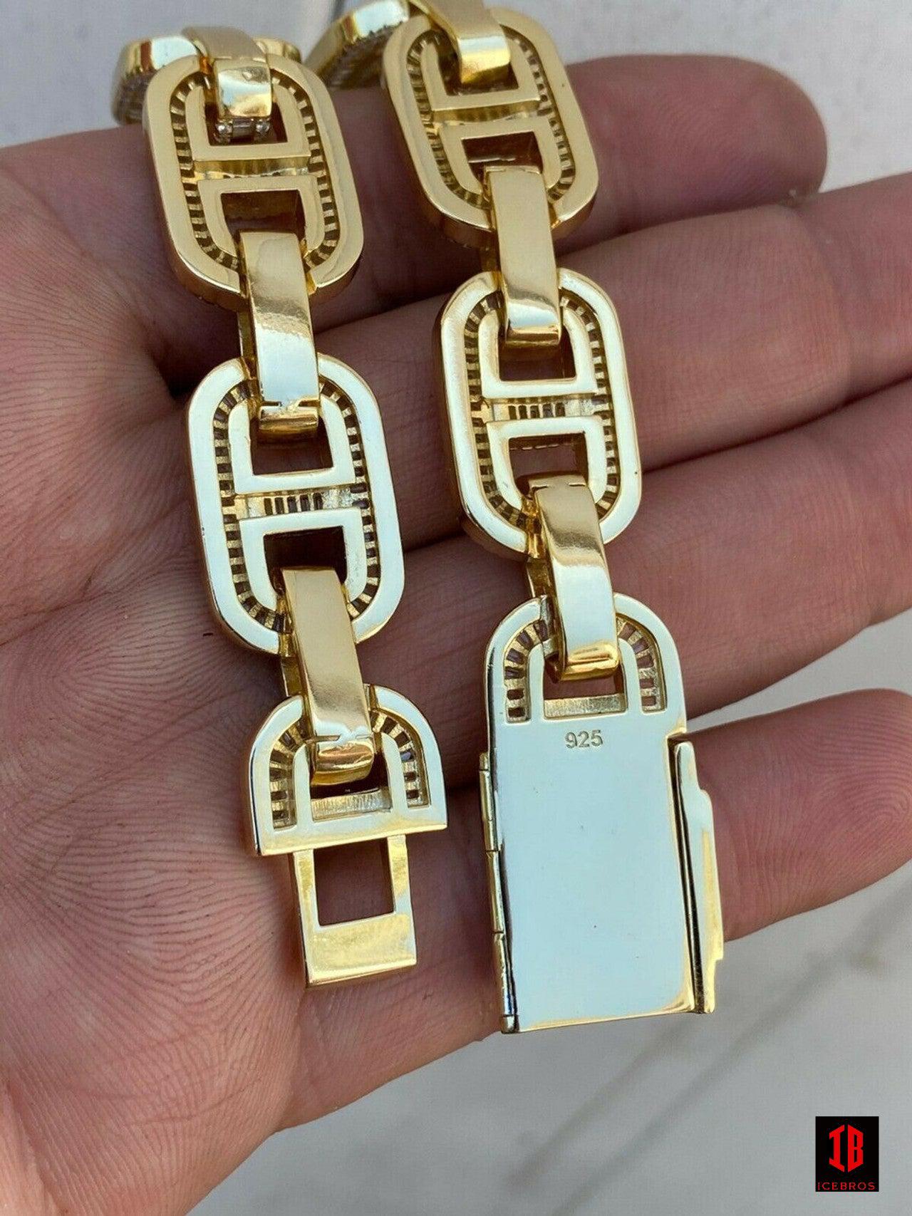 YELLOW GOLD 925 Sterling Silver Baguette Gucci Link Chain Iced 15mm Thick Flooded Out