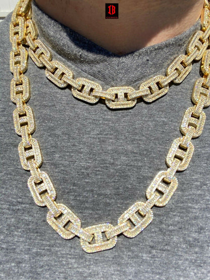 WHITE GOLD 925 Sterling Silver Baguette Gucci Link Chain Iced 15mm Thick Flooded Out