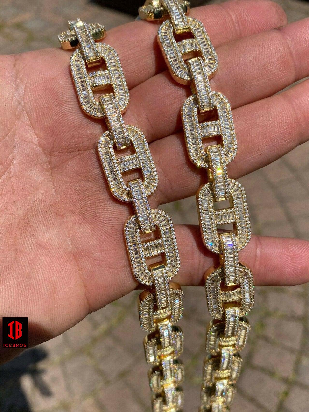 YELLOW GOLD 925 Sterling Silver Baguette Gucci Link Chain Iced 15mm Thick Flooded Out