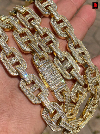 YELLOW GOLD 925 Sterling Silver Baguette Gucci Link Chain Iced 15mm Thick Flooded Out