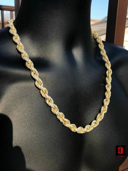 YELLOW GOLD Men's Solid 925 Sterling Silver Men's Rope Chain Thick 9mm ICY Diamond Choker