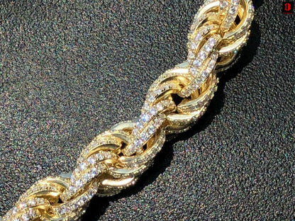 YELLOW GOLD Men's Solid 925 Sterling Silver Men's Rope Chain Thick 9mm ICY Diamond Choker