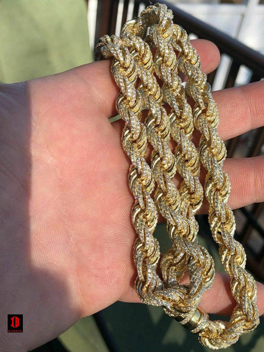 YELLOW GOLD Men's Solid 925 Sterling Silver Men's Rope Chain Thick 9mm ICY Diamond Choker