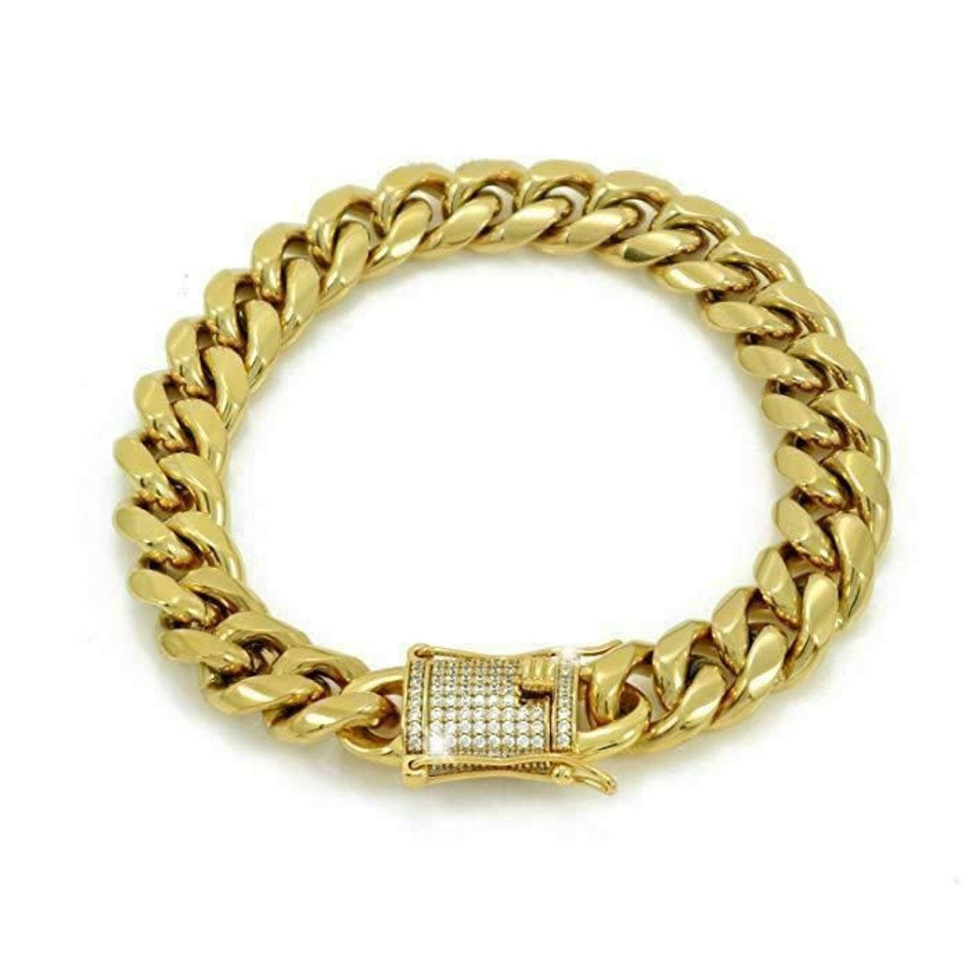 (12MM) Miami Cuban Link Bracelet 1ct Diamond Clasp 14k 18k Gold Plated Stainless Steel