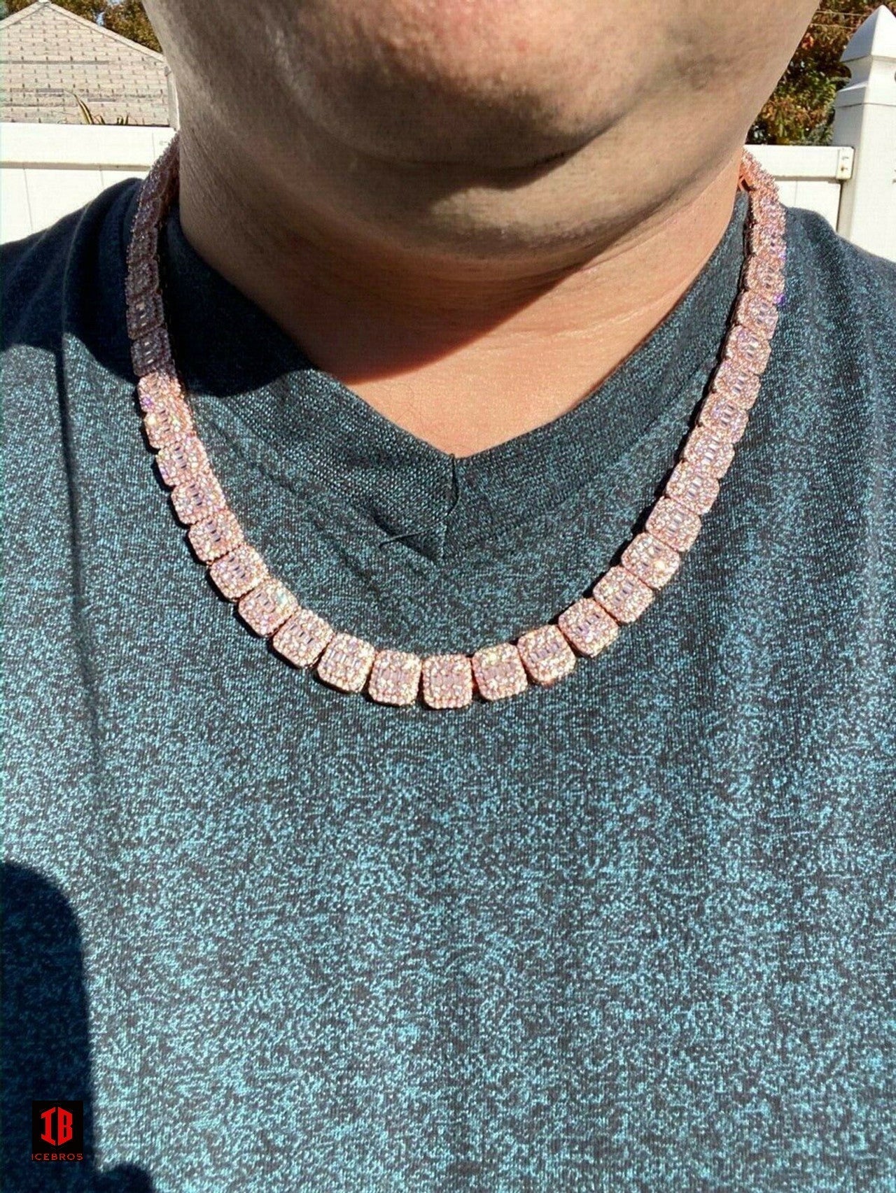 Men's Paved 11mm Baguette Tennis Chain Rose Gold Over Real 925 Silver 18inch Choker - 30inch (WHITE GOLD)