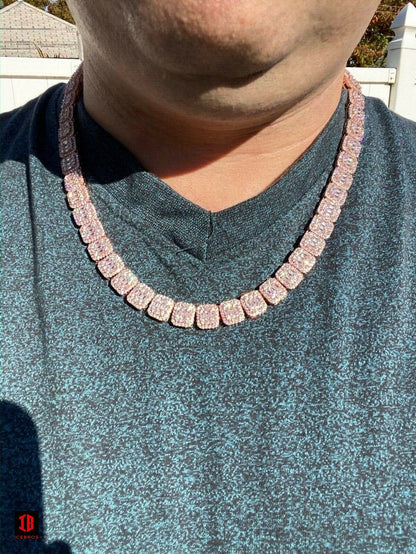 Men's Paved 11mm Baguette Tennis Chain Rose Gold Over Real 925 Silver 18" Choker - 30" (ROSE GOLD)
